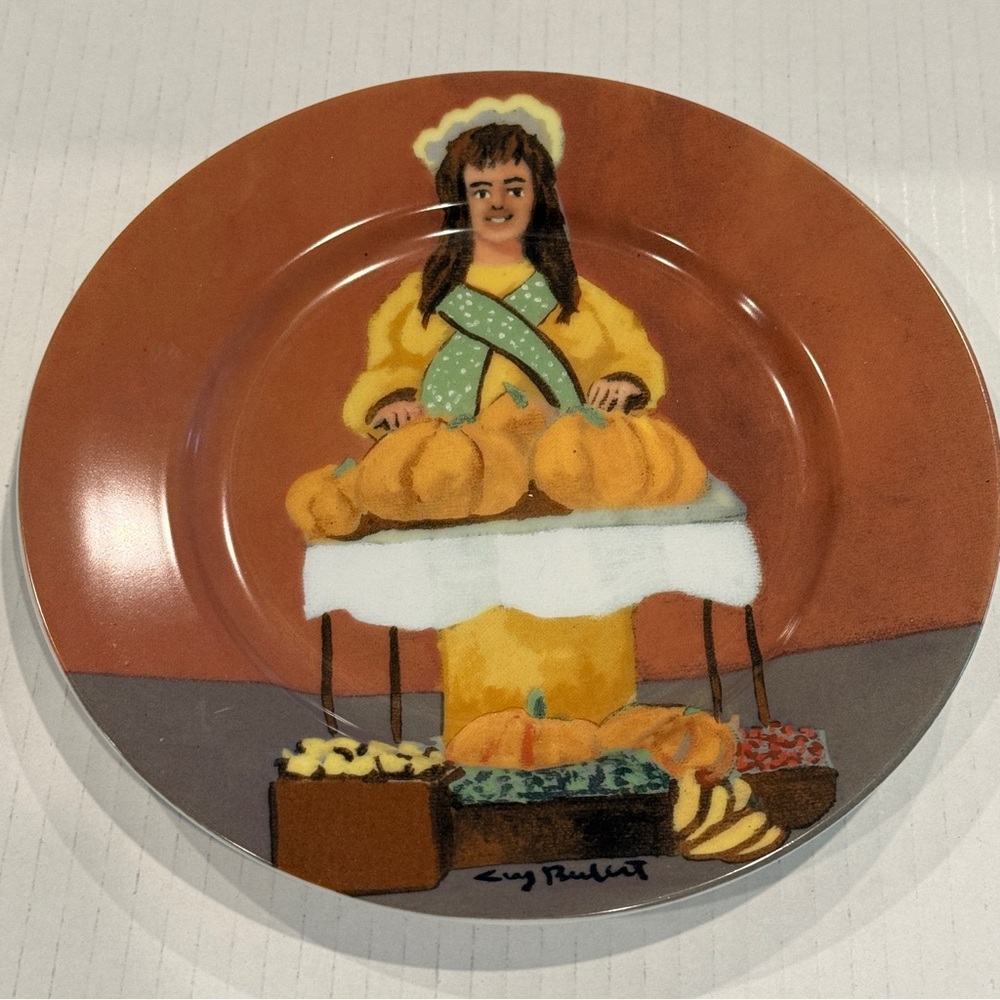 Guy Buffet “La Citrouille Dame” 8” Plate — Pumpkin 🧡Market Seller Scene